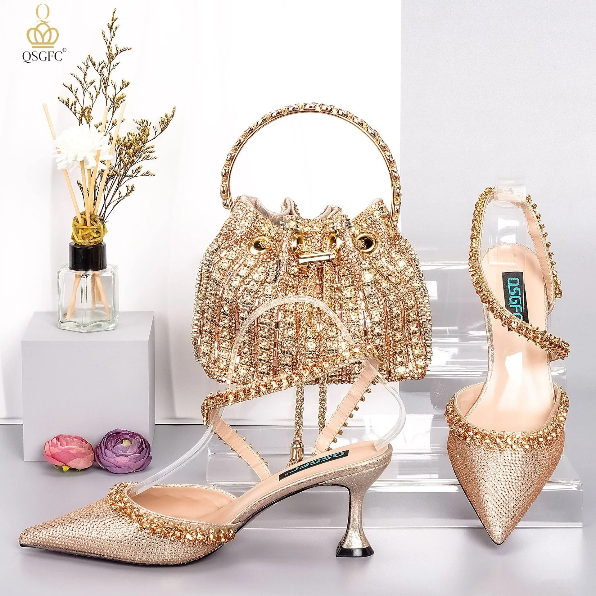 wedding shoes for women  shoes Bags Set New Design with stone to match bag woman sandals shoes bags
