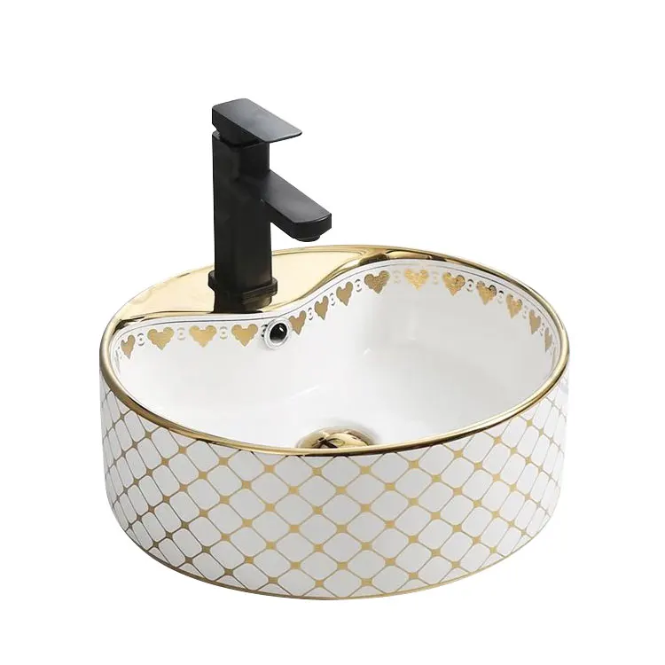 Art Basin Gold Pattern Round Countertop Ceramic Bathroom Hotel Vessel Sink Luxury