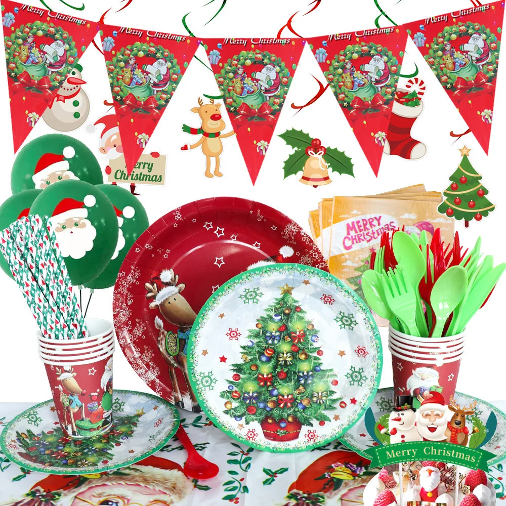 Christmas theme party tableware supplies Christmas paper plate tablecloth party set