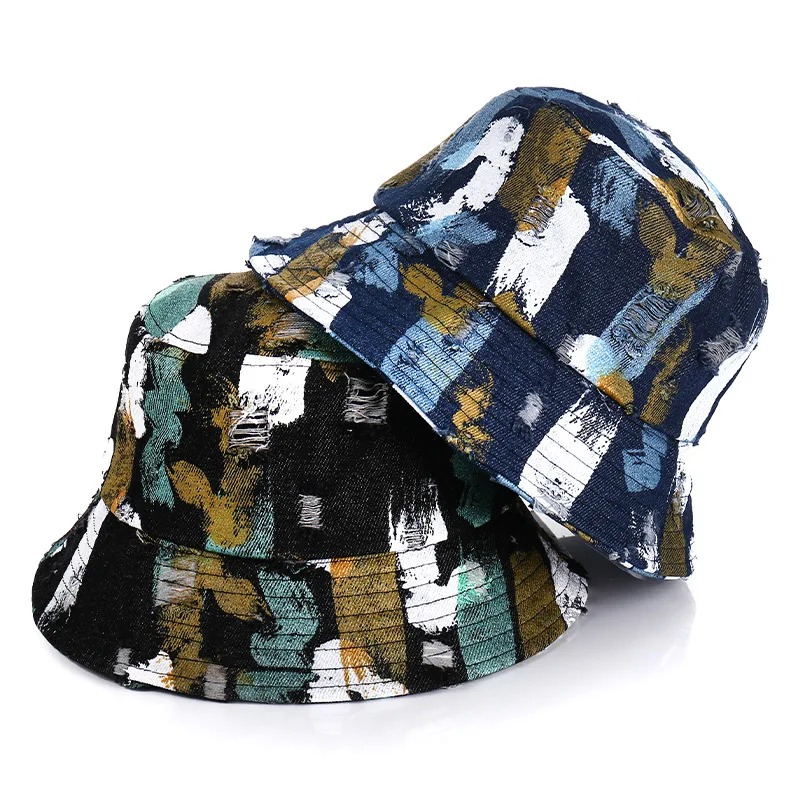 
Accept Customized Tourism Sunshade Bucket Hat Denim Distress Holes Fisherman Hat 