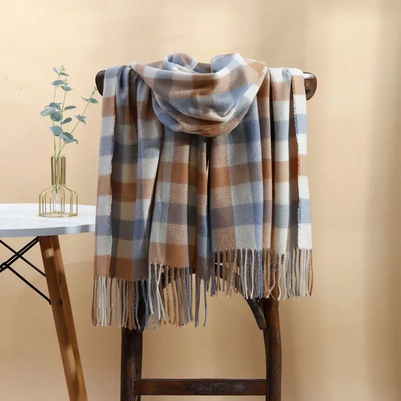 Factory Winter Cashmere Feel  Acrylic Scarfs For Women Men Fashion Wool Tartan Checkered Plaid Shawl Scarf With Tassels