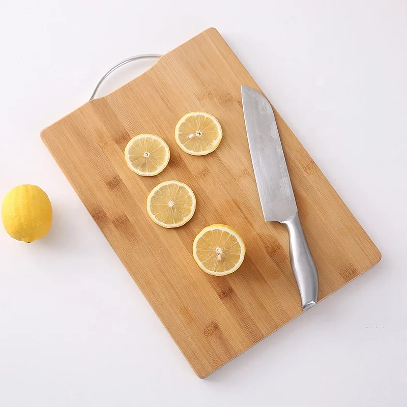JOYWAVE Hot Selling Knife Friendly Serving Tray Kitchen Chopping Blocks Natural Bamboo Cutting Board with Metal Handle