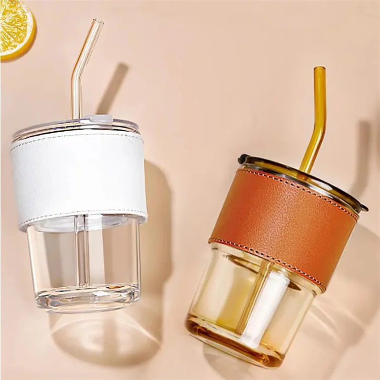 Manufacturer sales High borosilicate glass Leather sheath Tea Coffee Cup With Straw And Lid