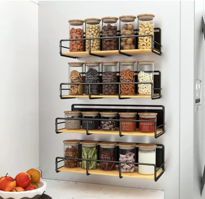 Hot Selling Metal Refrigerator Spice Shelf Hanging Wire Fridge Spice Holder Kitchen Wood Spice Rack