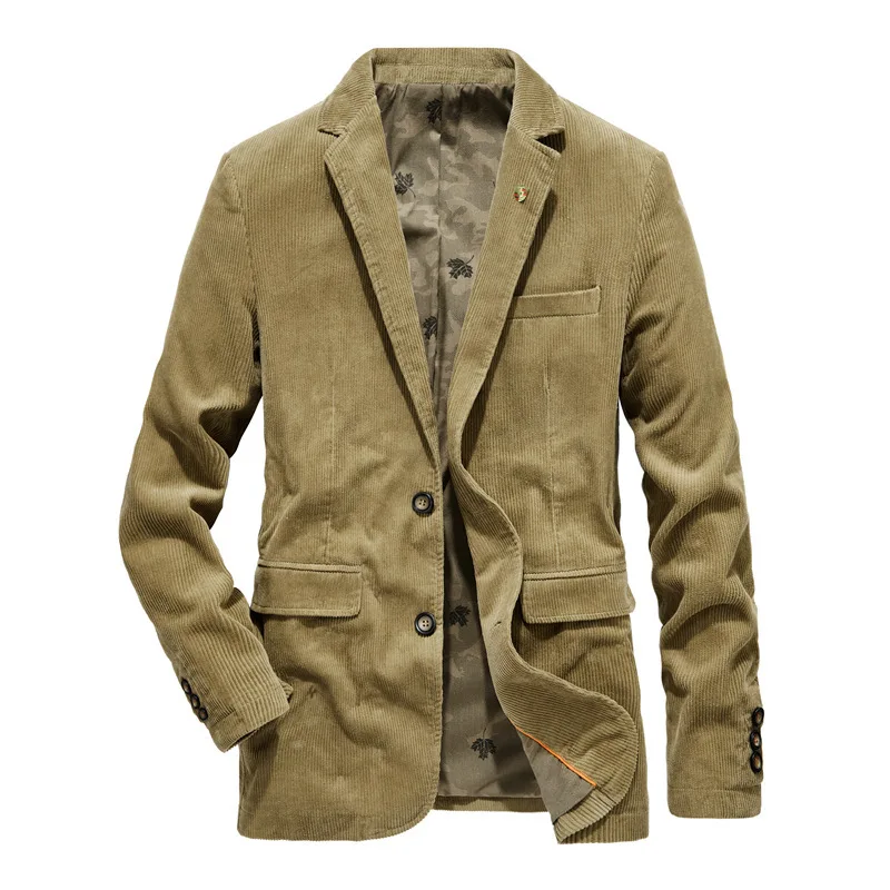 2021 Fashion Autumn Winter Blazer Men Cotton Corduroy Suit Jacket High Quality Stylish V-Neck Full Sleeve Casual Suit Jacket Men