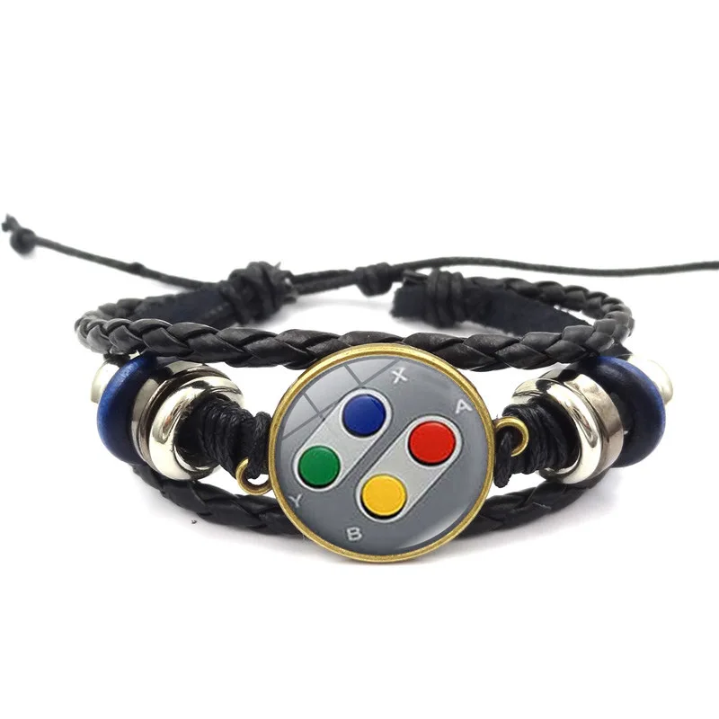 Handmade Glass Gem Art Photo Charm Bracelets Jewelry Old Video Game Controller Leather Bracelet