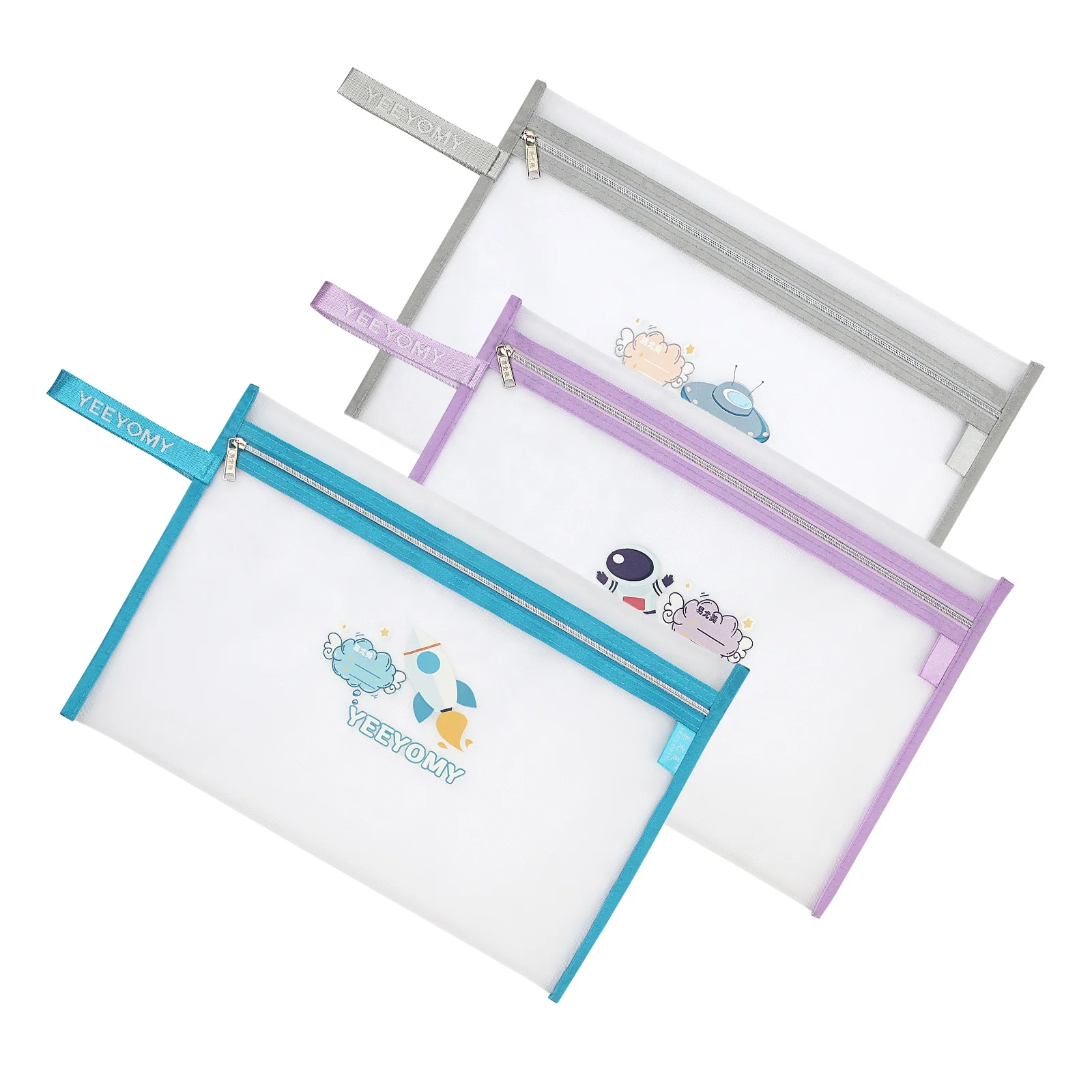 Macaron Color Mesh Zipper Pouch with Label Waterproof Puzzles Games Document Storage Bags for Office School Home Travel Cosmetic