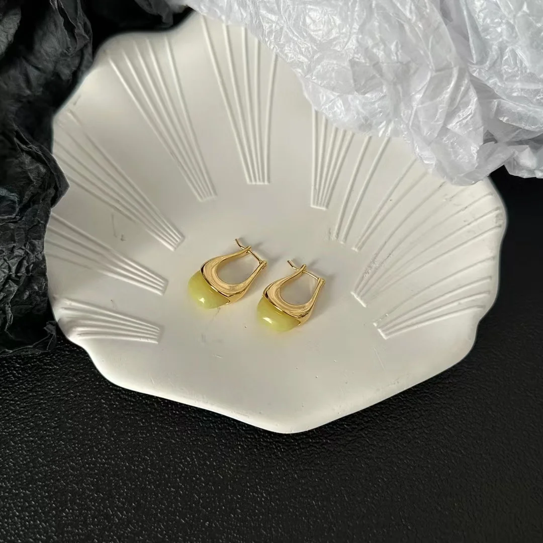 Fashion Top Quality Real Gold Plating Opal Jade Stone U Shape Hoop Earrings