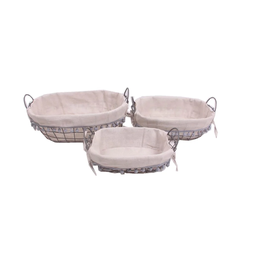cheap power coated wholesale oval small bread wire baskets fruit basket with fabric liner set of 3