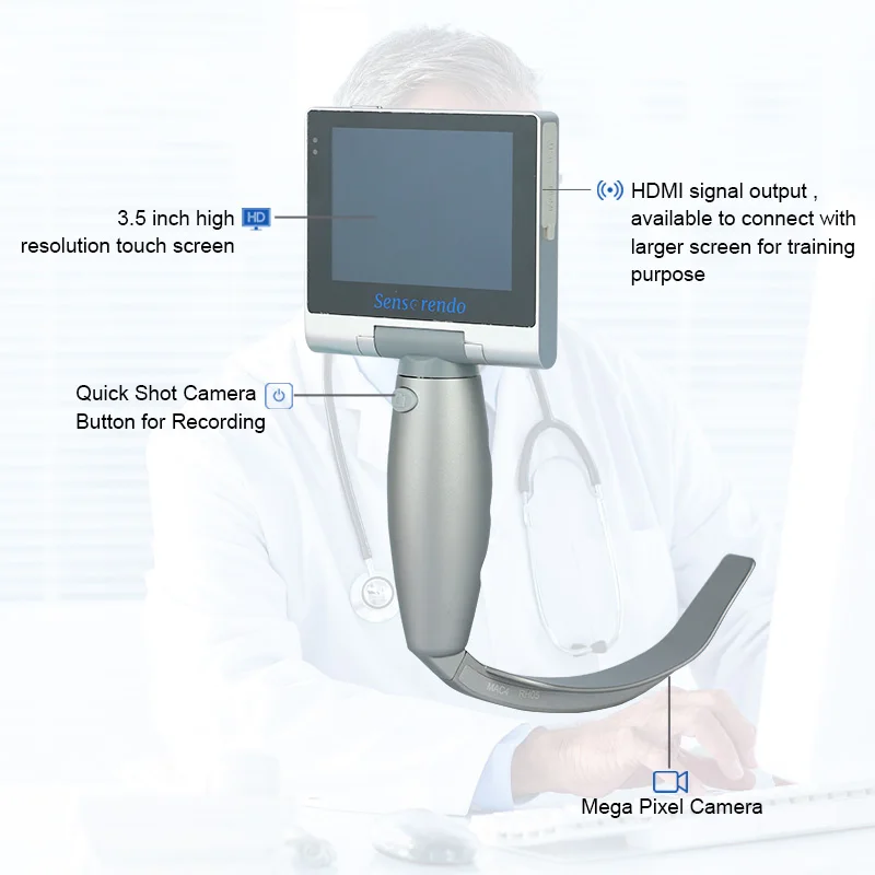 Sensorendo Touchscreen Video Laryngoscope with 6 Reusable blade (MIL1/MAC1/2/3/4/D-BLADE) Waterproof ISO13485/CE