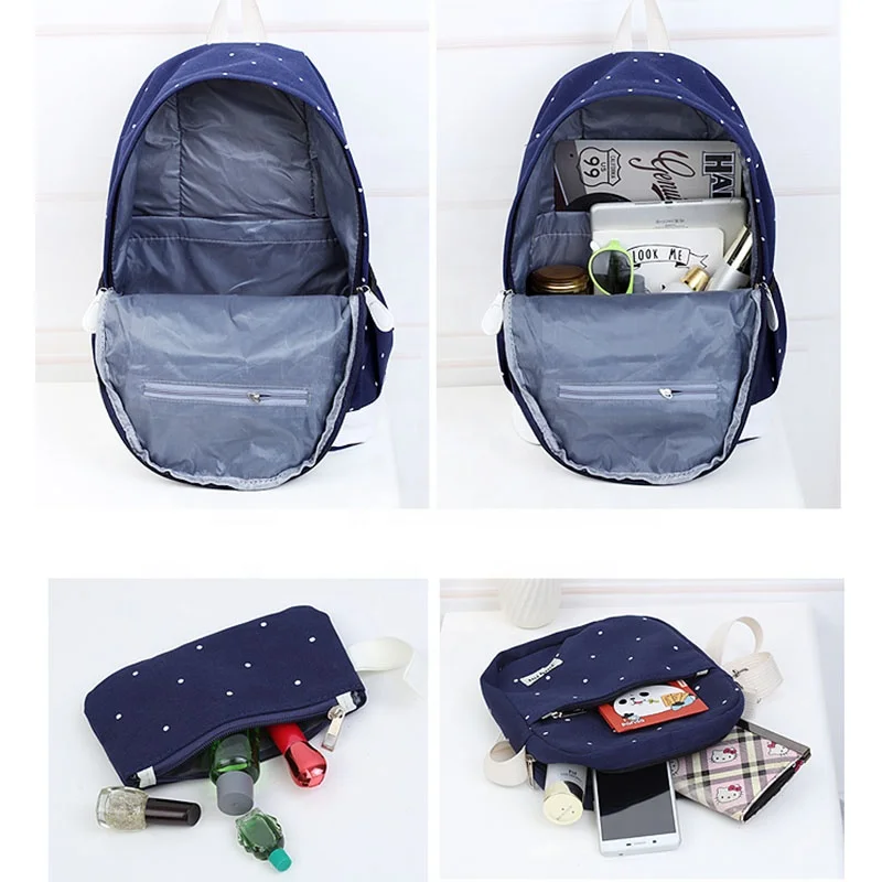 
Three-piece bags new canvas shoulder bag Korean style large capacity travel backpack dot student bag Tote Mini Purse H 