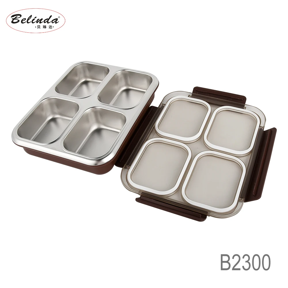 4 Compartments Plastic Bento Box with Stainless Steel Container Air-tight Heated Insulated Lunch Box Kids School