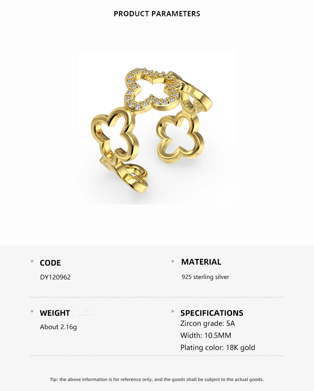 Simple and Elegant Open Hollow Flower Ring 925 Sterling Silver Gold Plated Four Leaf Clover for Women