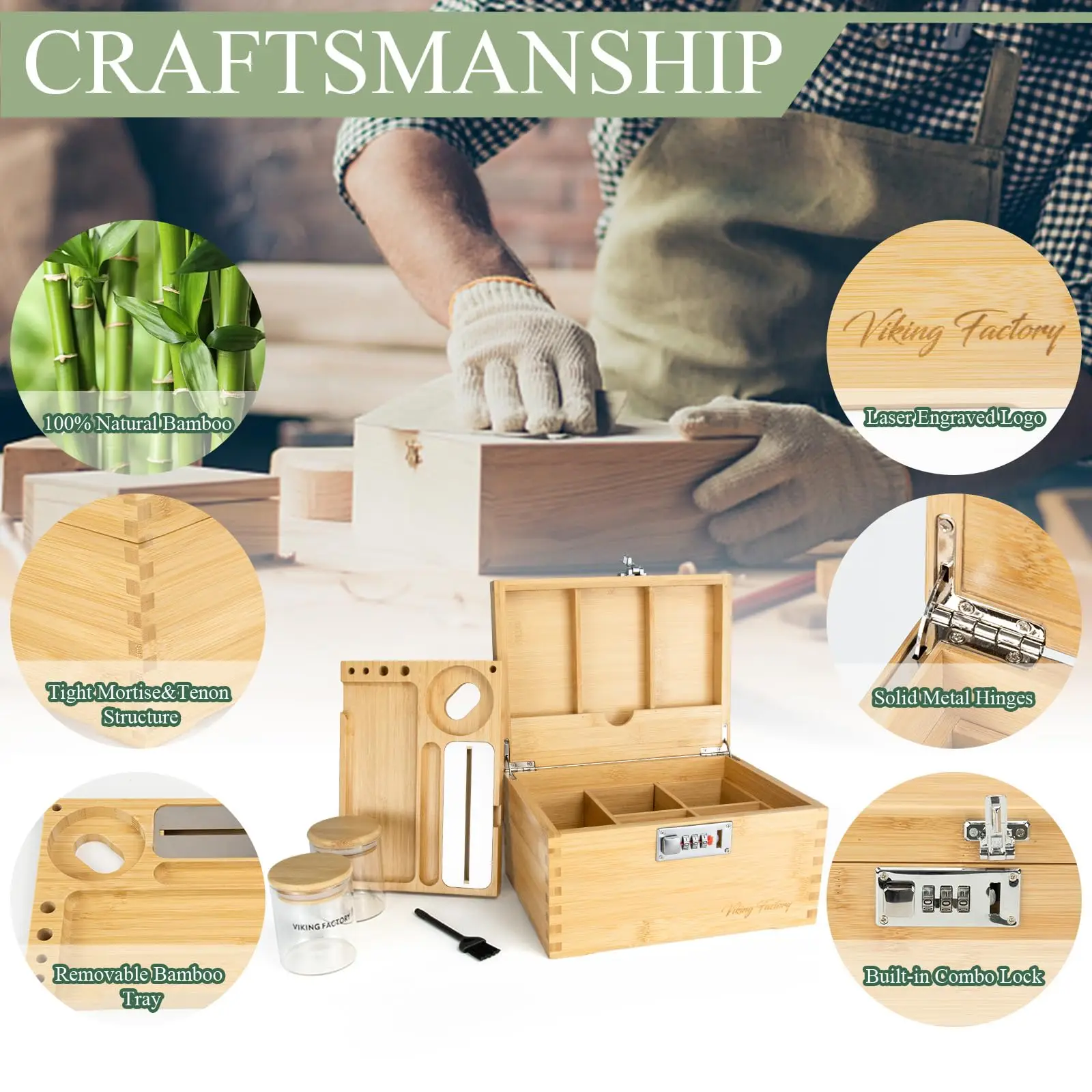 Large Bamboo Box Tray Set with Combination Lock, Lockable Home Decorative Box, Upgrade Tray | Glass Jars | Accessory Tool