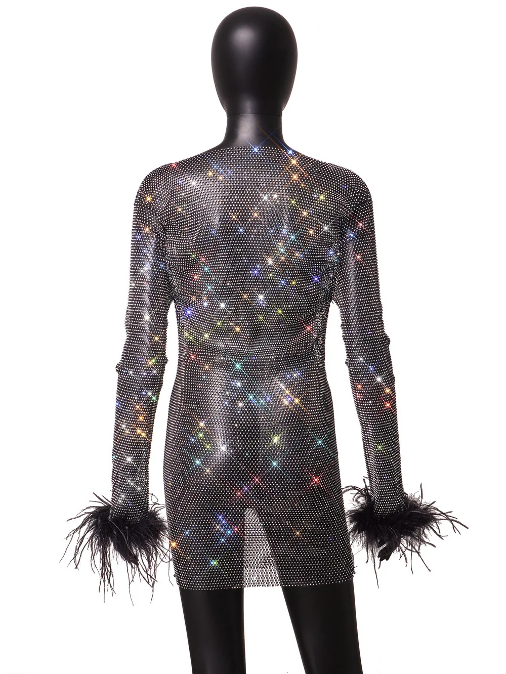 Hot Sale Transparent Black White Sexy Flash Diamond Mesh Long Sleeve Furry Dress Set