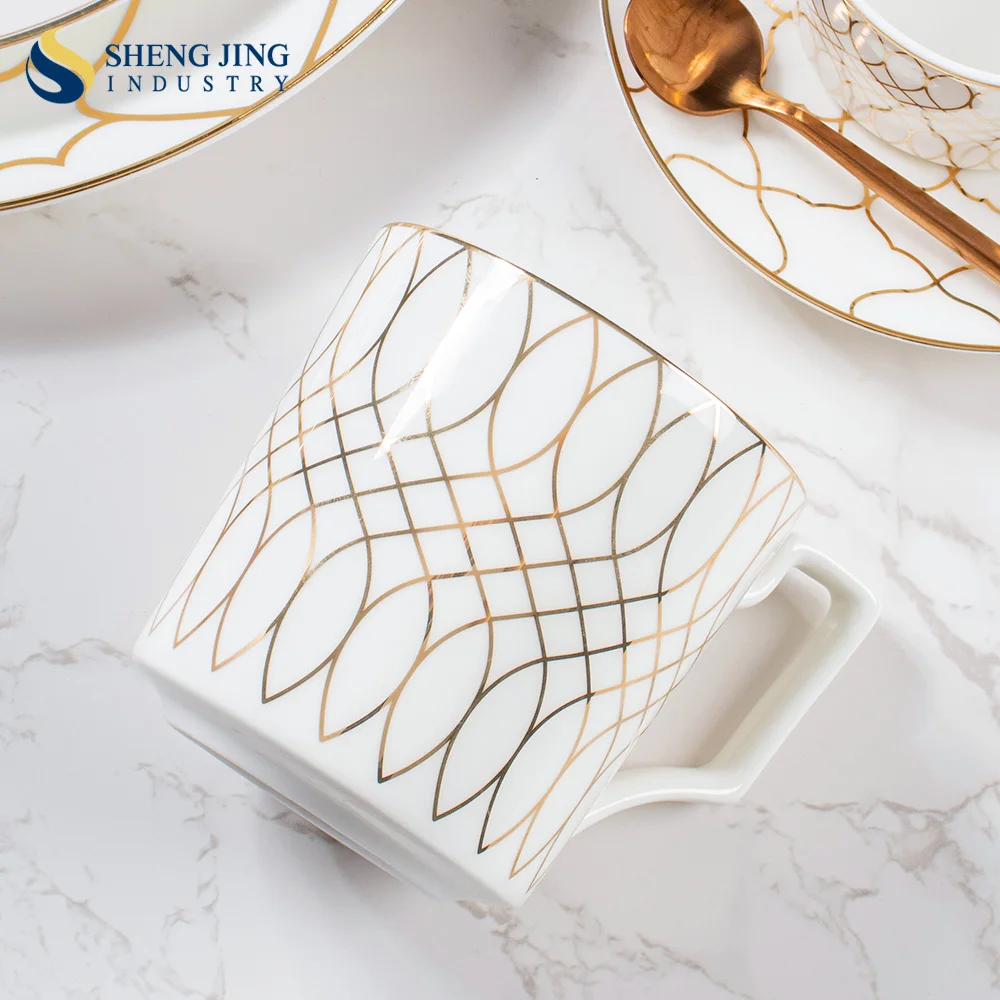 Wedding Wholesale Luxury Pink Gold Bone China Tableware Set Restaurant Gold Plate Coffee Cup Saucer Ceramic Mug Dinnerware Set