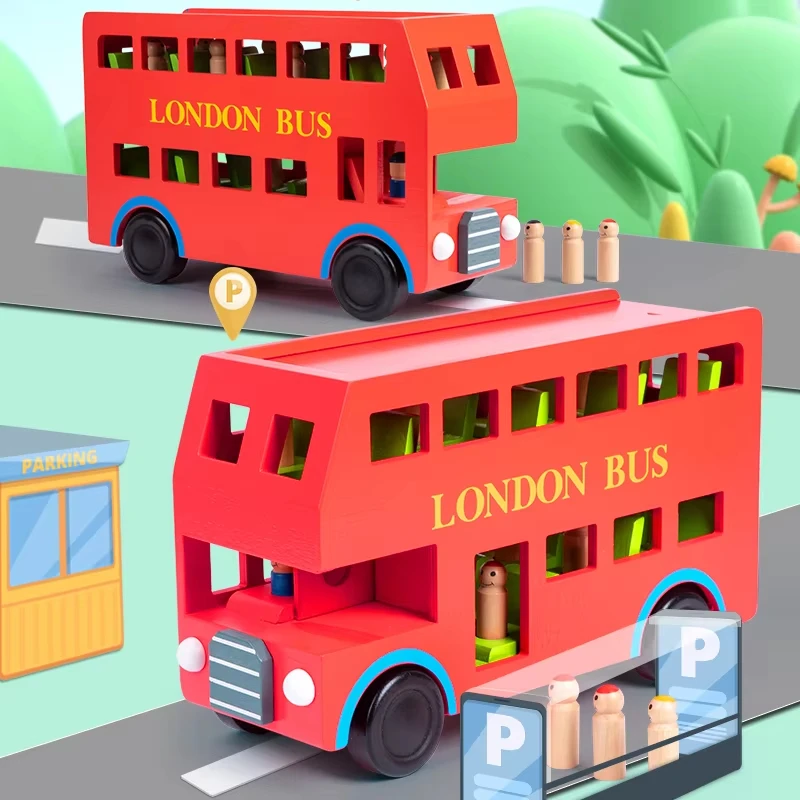 Wholesale Customized Wooden Assembly  Bus Model Educational Wooden London Double Bus Toy For Kids