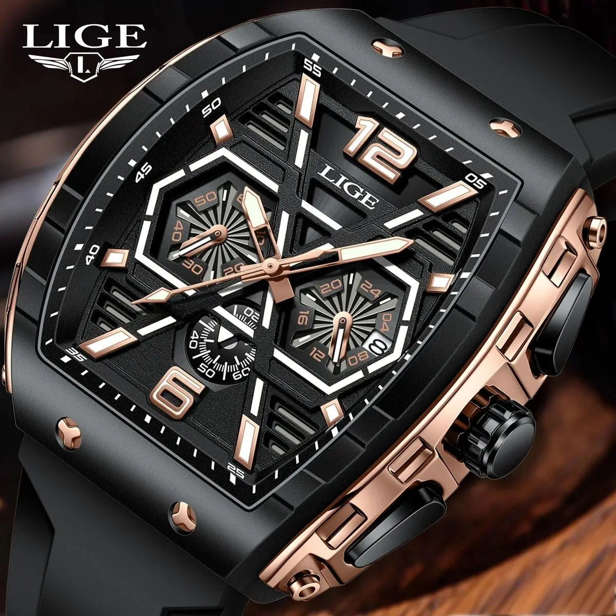 LIGE 89108 Silicone Strap Watch Band Date Display Square Share For Men Business Luxury Charm Watches China Factory