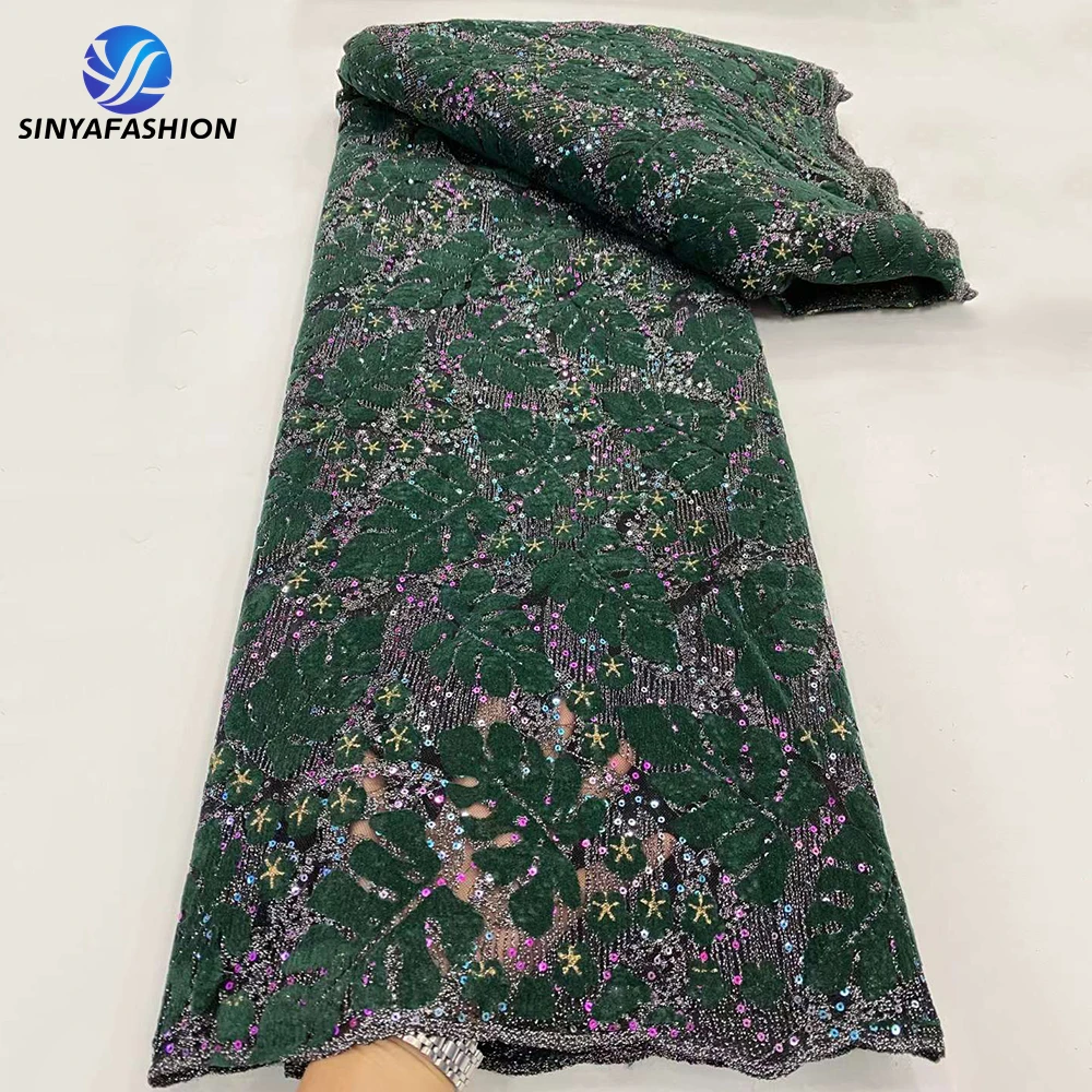 Beautiful Sinya New Style Leaf Design Velvet Sequins Lace Fabric Ladies Parry Velvet Embroidered Lace Fabric Sewing Dress