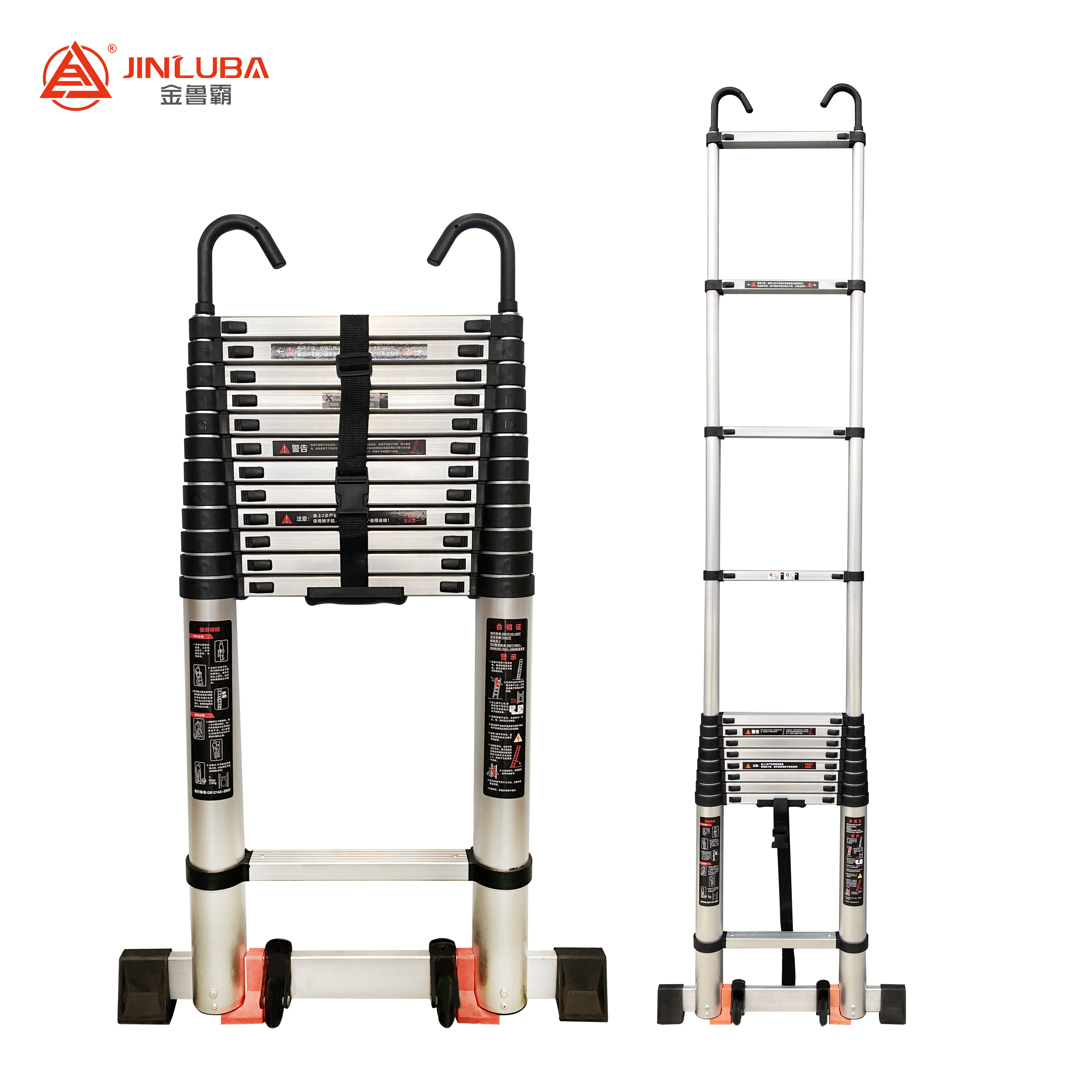 Heavy Duty 12.5ft Aluminum Extension Ladder Home Loft Rooftop Telescopic Ladder with 2 Detachable Roof Hooks