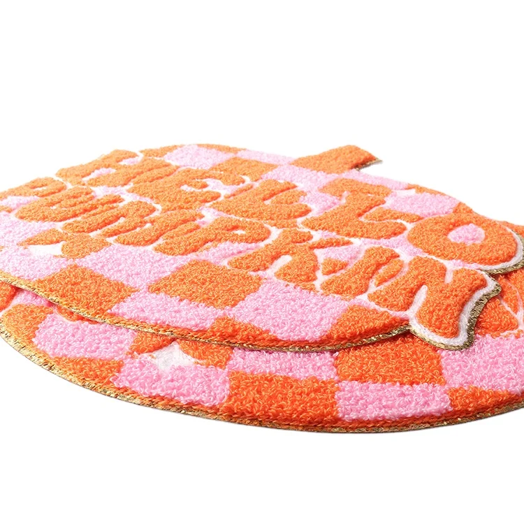 Custom large chenille patches low MOQ Halloween big iron on gold glitter orange checked Hello pumpkin chenille patches for women