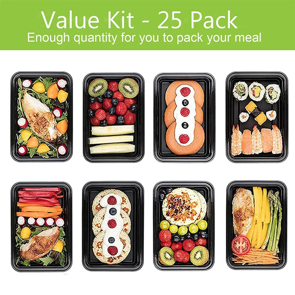 25Pcs Disposable Lunch Box 750ml Black Plastic Lunch Box Refrigerator Microwave Tableware Food Storage Container Lunch Box