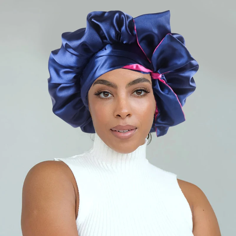 Satin Bonnet Silk Bonnet Hair Bonnet for Sleeping Double Layer Large Satin Hair Wrap with Tie Band Night Cap for Women Black