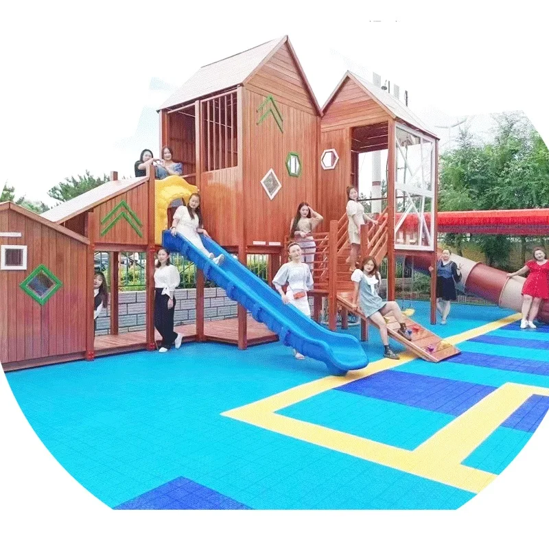 Plastic Slide and Wooden Kids  Houses Playhouse with outdoor playground Slide and Climbing swing Kids Wood Indoor  playground Sl