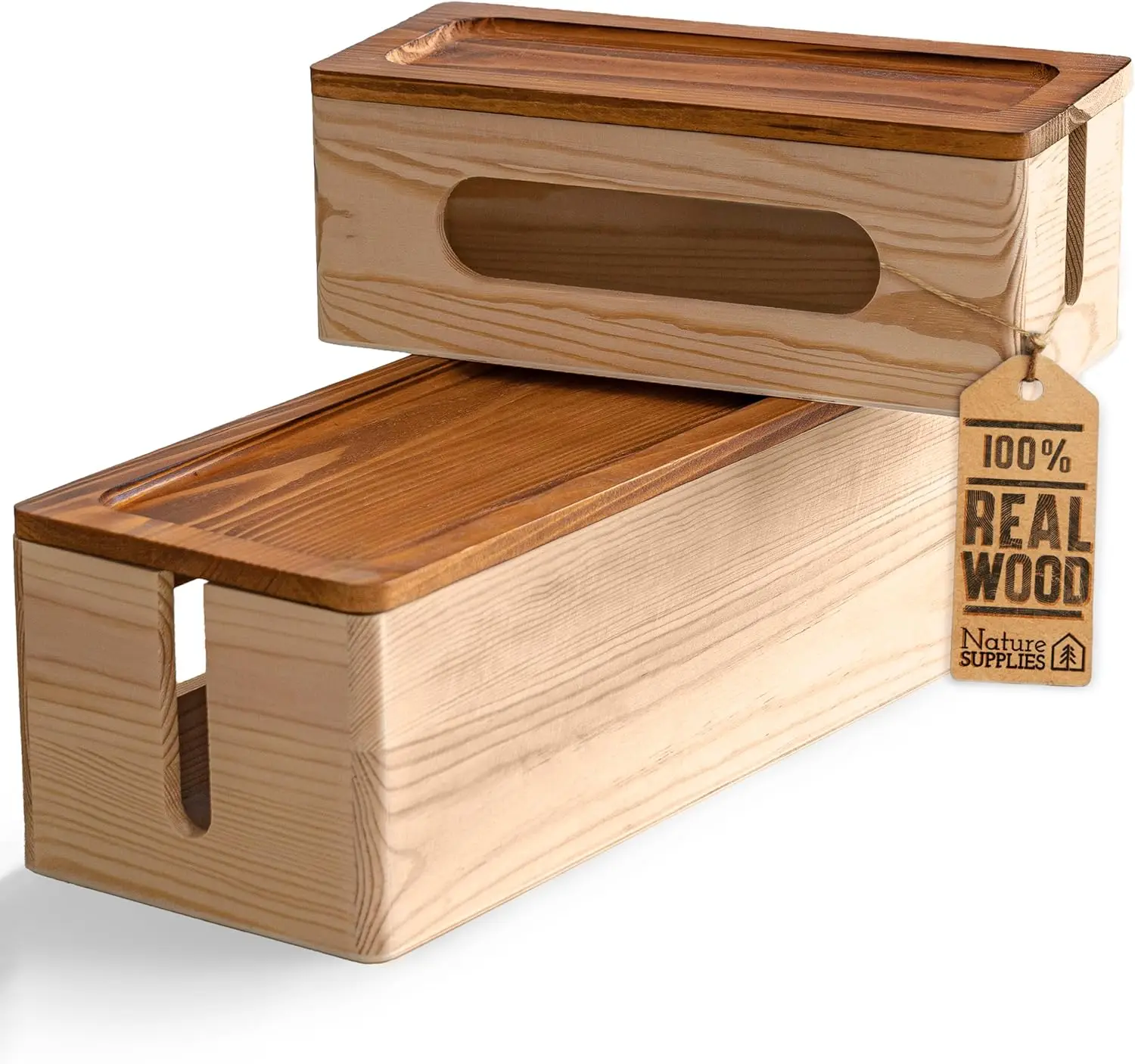 Wood Cable Storage Box [2-piece set] Storage Box Set Power Board | Cable Storage Box | TV, Desk Computer, Router Cable Organizer