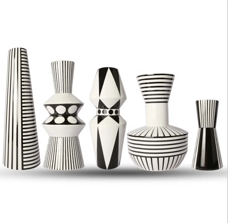 wholesale black & white stripe modern ceramic flower porcelain glaze vase  for home decoration