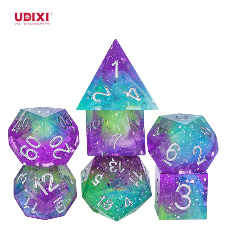 Udixi Custom Handmade Sharp Transparent Colorful Glitter Dice Dungeons and Dragons DND board game Dice Set