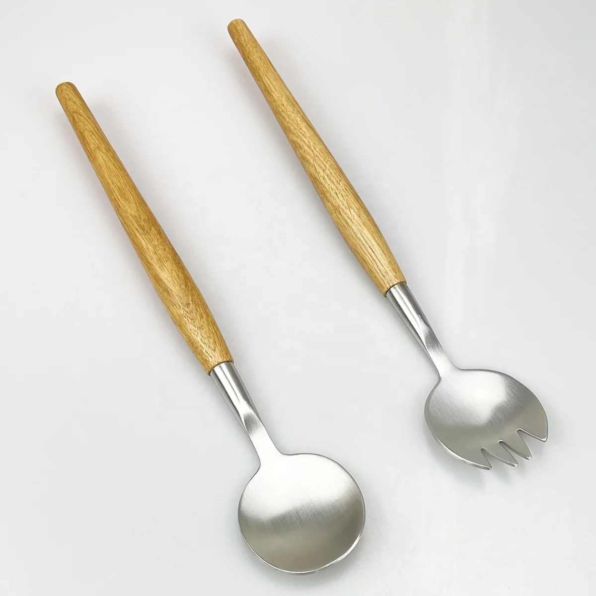 Stainless steel salad fork & spoon server set with rubber wood handle