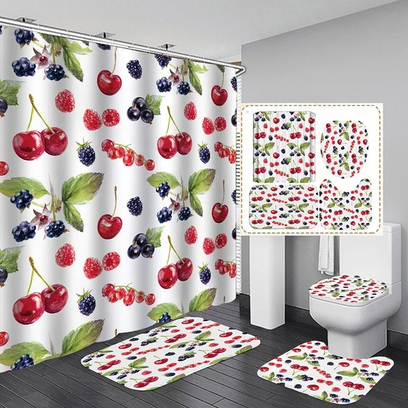 
4PCS Flower Shower Curtain Set with Carpet Bath Mat Modern Bathroom Curtains 