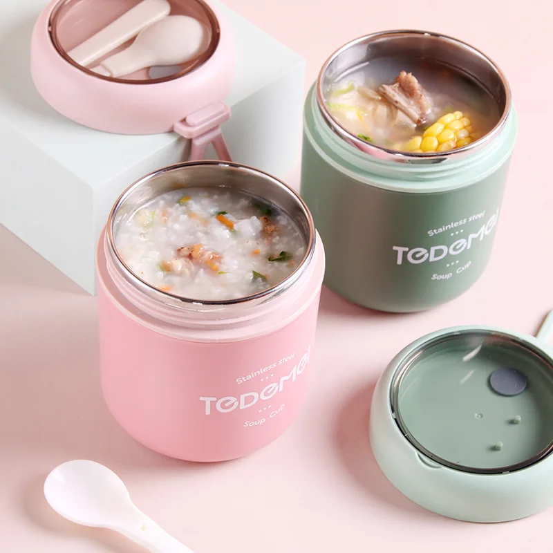 Stainless Steel Lunch Box Drinking Cup With Spoon Food Thermal Jar Insulated Soup Thermos Containers Lunch Box