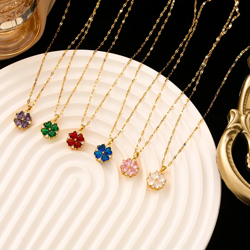 High Quality Four Leaf Clover Pendant Necklace Luxury Bling Crystal Lucky Charm Choker Women Fashion Fine Jewelry Accessories