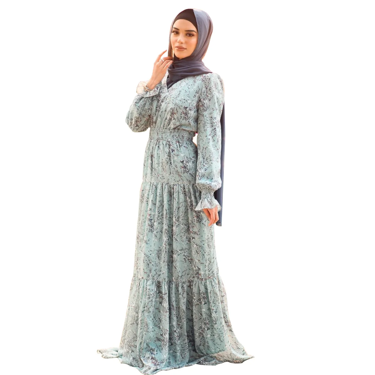 Elegant chiffon pleated long sleeve long skirt dress lady elegant long sleeve wrap dress