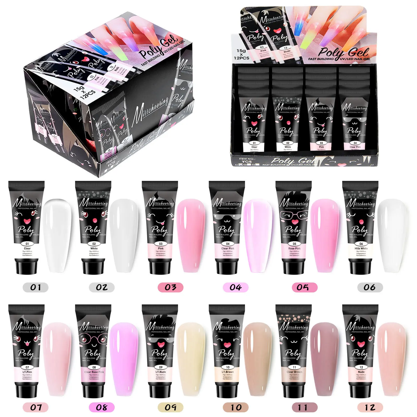 12pcs kit acrylic Nail Extension gesl new arrival professional nail poly hard gel