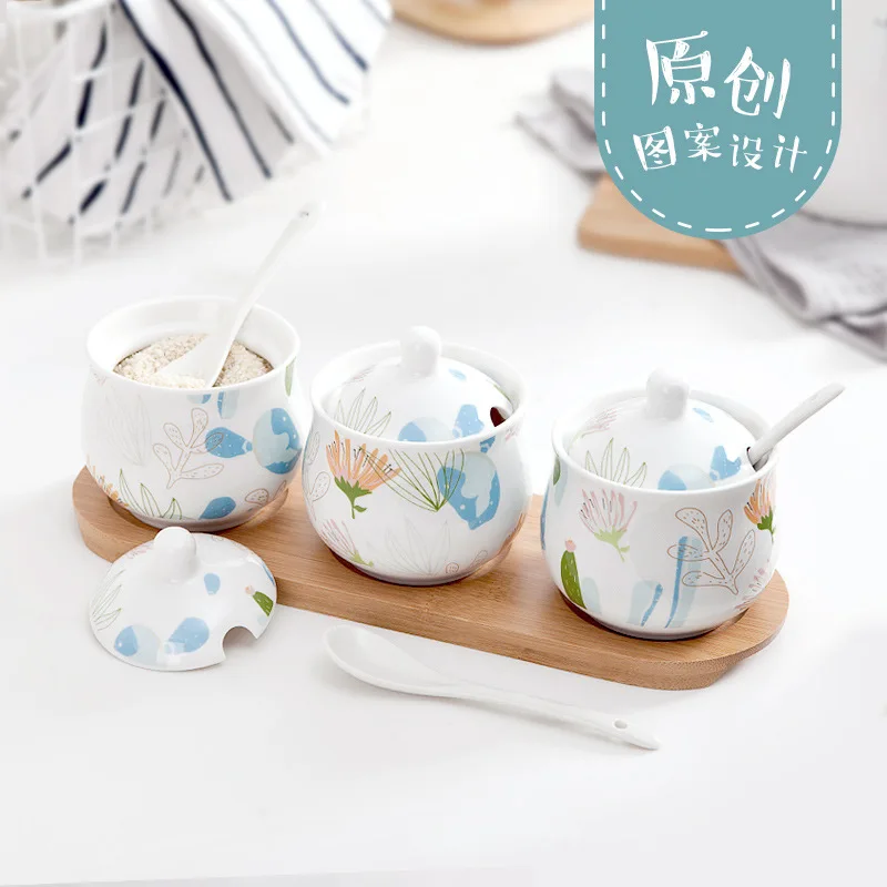 
Nordic ceramic seasoning jar set with spoon and lid and Iron frame seasoning box salt shaker sugar bowl pepper shaker wholesale 