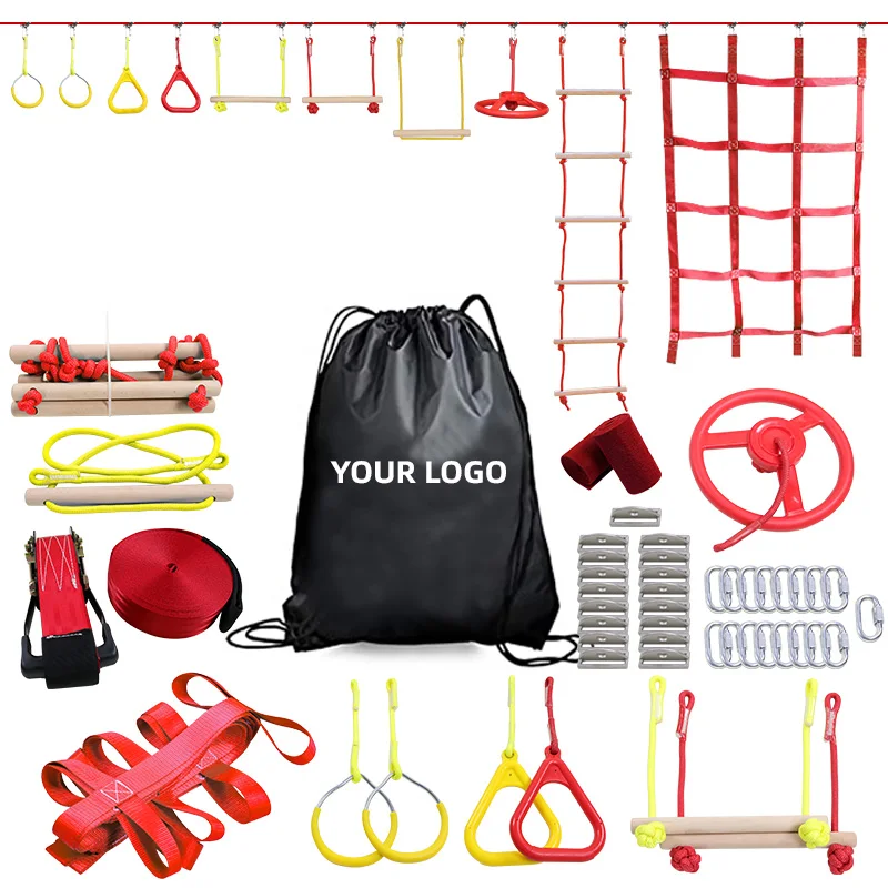 Ninja Warrior Obstacle Course for Kids Play Outside Ninja Slackline Course including Climbing Net,Rings,Monkey Bar