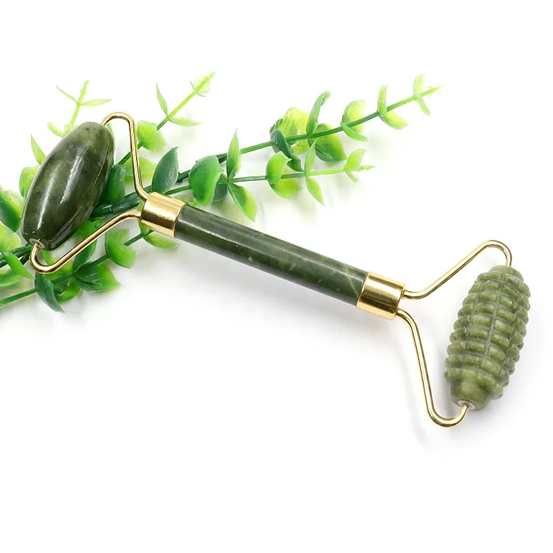 Custom  Natural Green Xiuyan Guasha Stone Jade Roller Facial Massage Gua Sha Tool Jade Massager Roller with Teeth