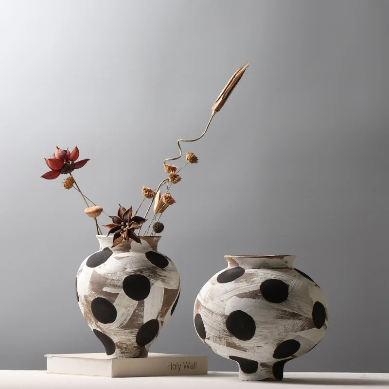 Wabi-sabi old ceramic vases Japanese vintage creative hand-painted polka dot flower decorative designer soft spot vases