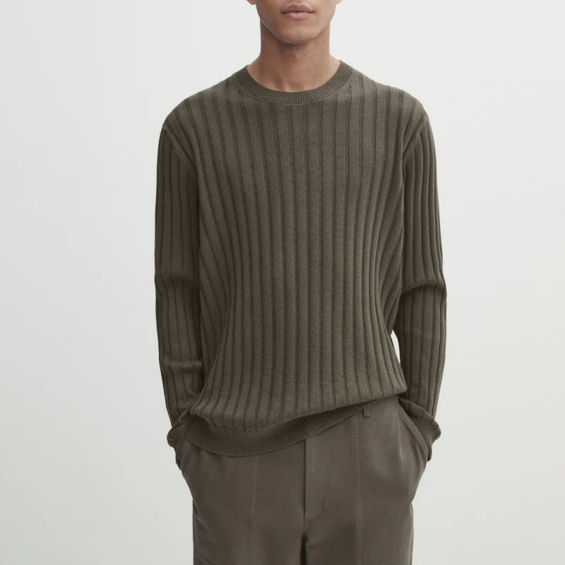 Men Silk Knitwear Tshirt Personnalised Adult Crewneck Rib Knit Cotton Sweater Pullover Ribbed Cotton Blend Knit Sweater