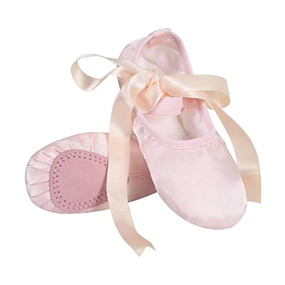 EU & US Pink Soft Stain Ballet Dance Ballerina Shoes Flat Split Sole with Ribbon for Girls and Boys (Toddler/Little Kid/Big Kid)