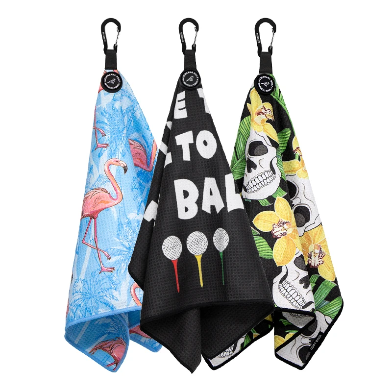High Quality OEM Custom Golf Printing Towel Microfiber Waffle Golf Towel Magnet With Keychain