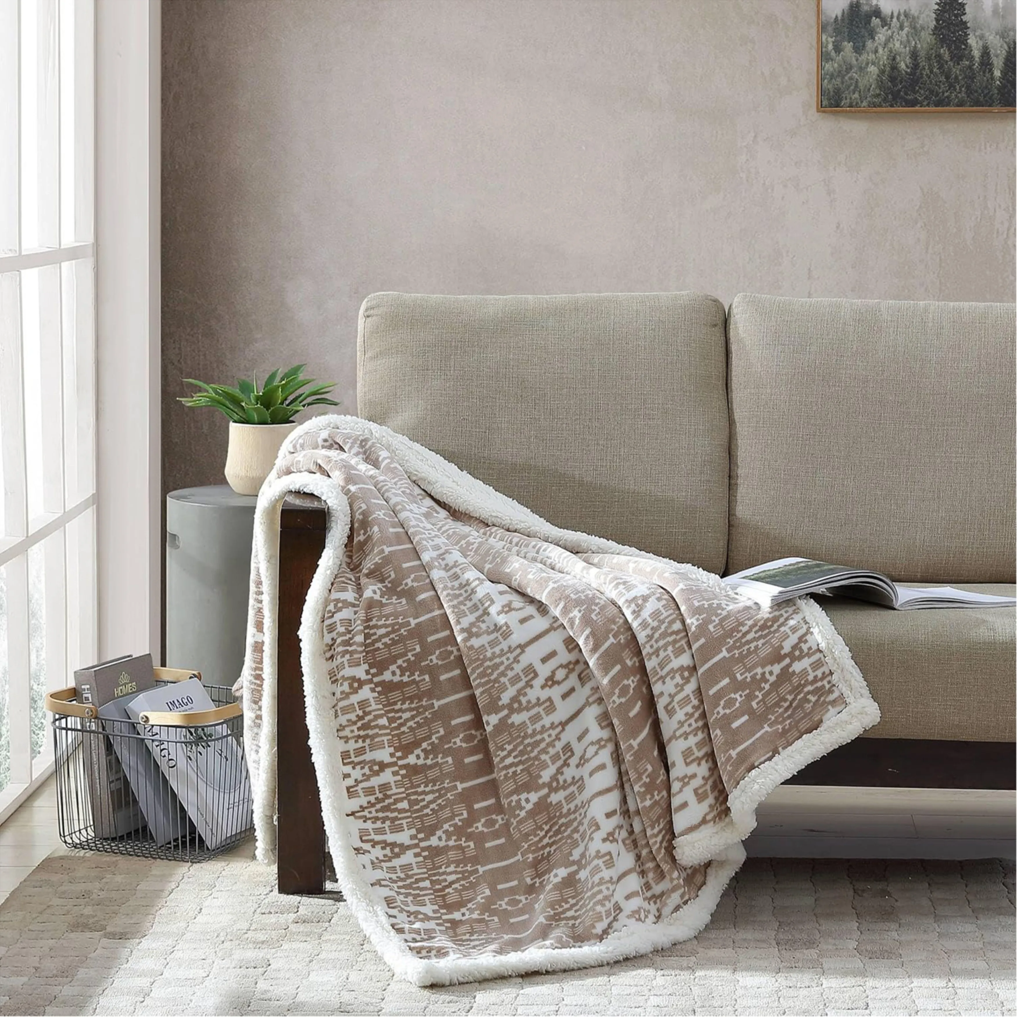 Vintage Geometric Print Sherpa Fleece Blanket for Couch Sofa Bed Soft Cozy Warm Customized Throw Blanket San Juan Oyster