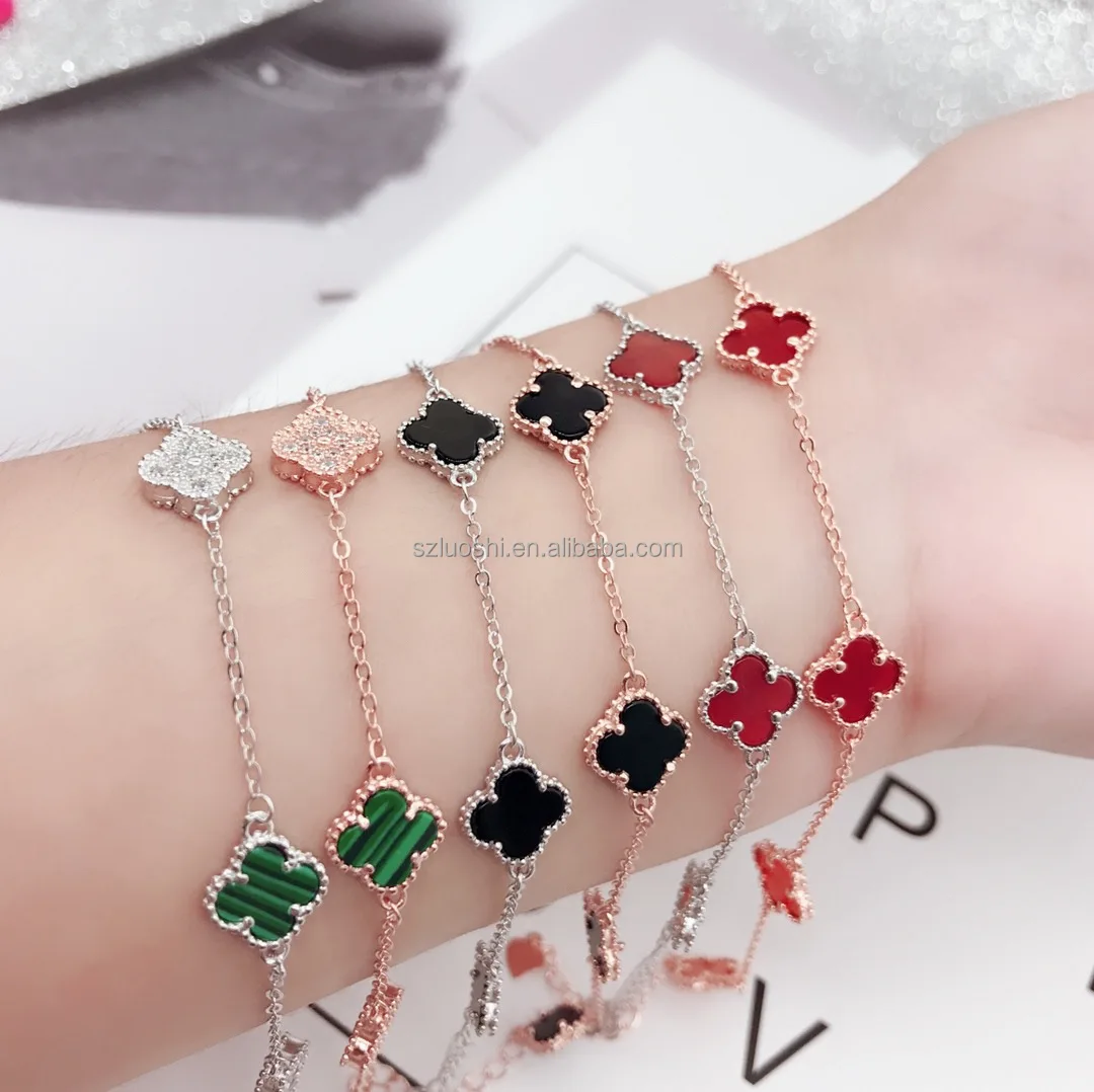 High Quality Luxury Designer Brand Jewelry Women Flower Bangle 18k Gold Plated Lucky Four Leaf Clover Excellent Agate Bracelet