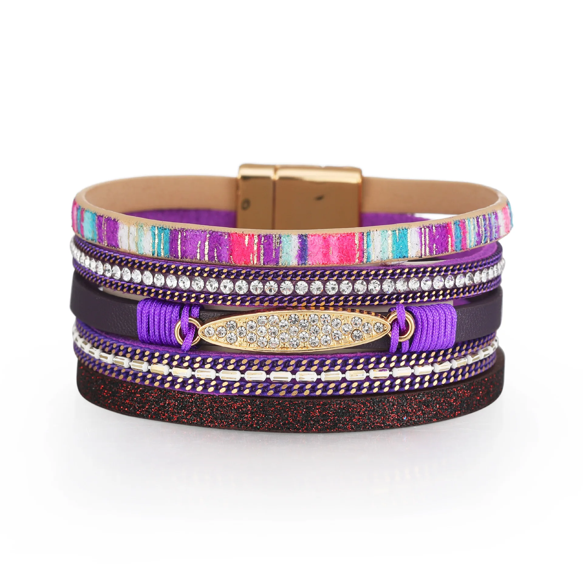 Luxury Handmade Bangle Boho Jewelry Rainbow Colored Multilayer Leather Wrap Wide Bracelets