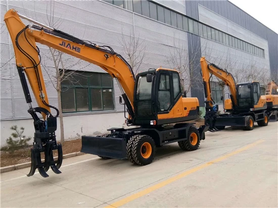 Jiahe Small Wheel Excavator With Wood Grabber JHW90 JHW70 Wheel Digger Digging Height 6900mm