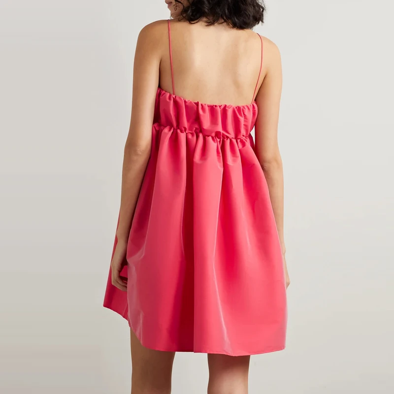 Summer Vintage Tube Skater Dress Strapless Sexy Pleated Mini Peplum with Ruffle Frill Long Sleeveless Plain Dyed Casual Women