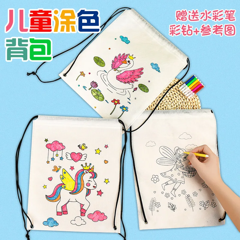 Children Diy Gift Drawstring Bags Kit Custom Logo Non woven Graffiti Drawstring Bag Paintable Kids Diy Coloring Backpack Bags